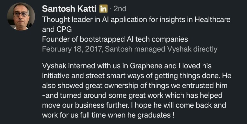 Recommendation from Santosh Katti