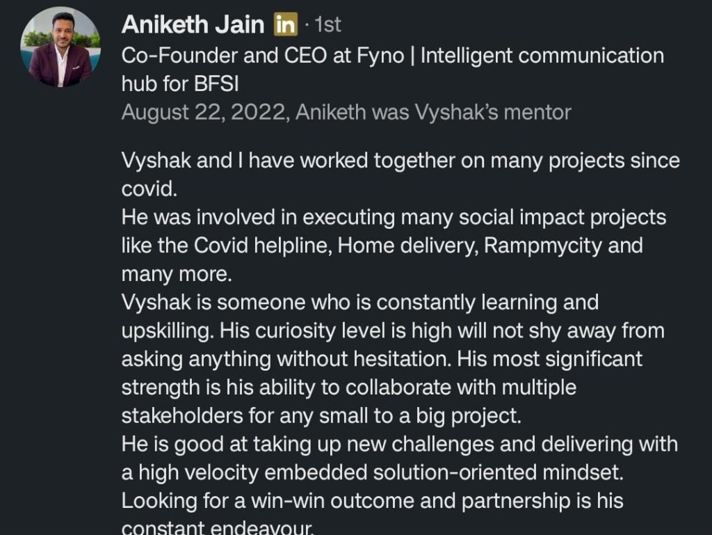 Recommendation from Aniketh Jain