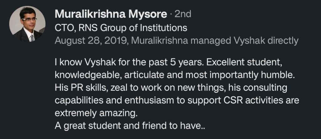 Recommendation from Muralikrishna Mysore